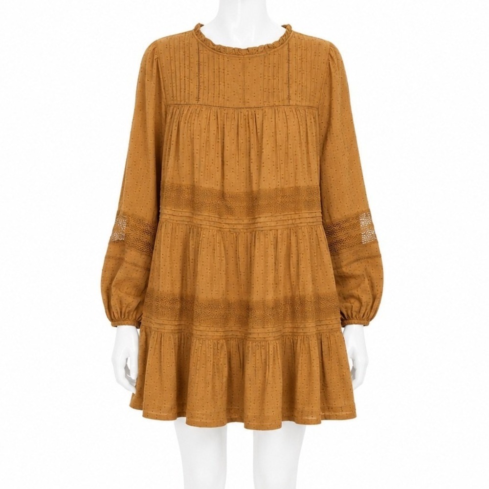 Old Navy Long Sleeve Pintuck Peasant Dress Women's Large Sisal Brown Boho